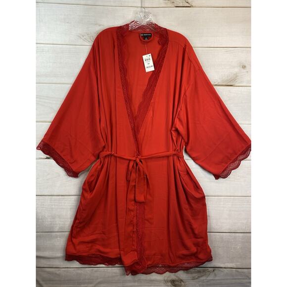 INC International Concepts Women's Plus Size 3X Robe Red Lace Trim Belted NWT - Picture 1 of 9